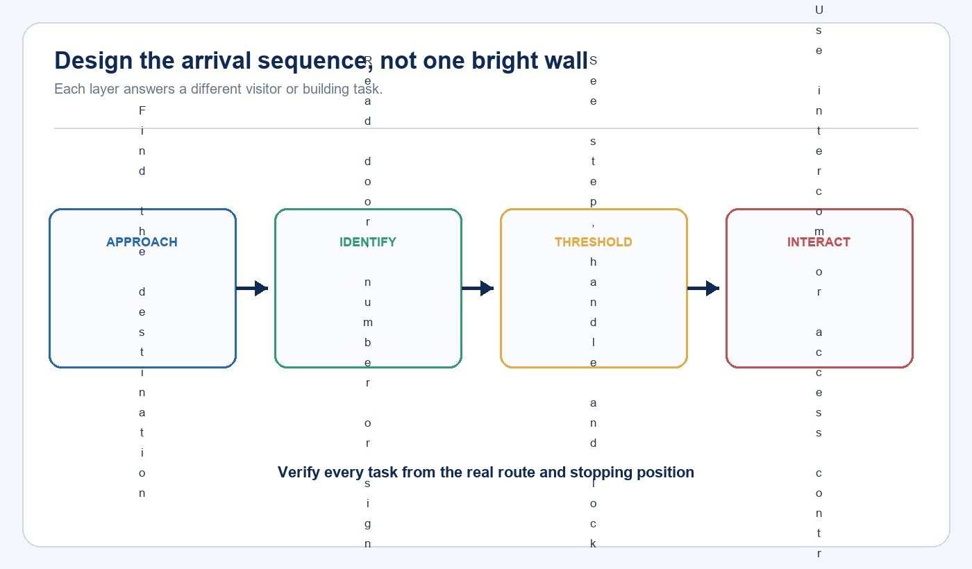Entrance lighting sequence from approach and identification to threshold and access interaction