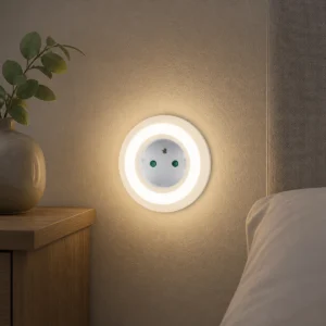 European front-socket night light installed beside a bed