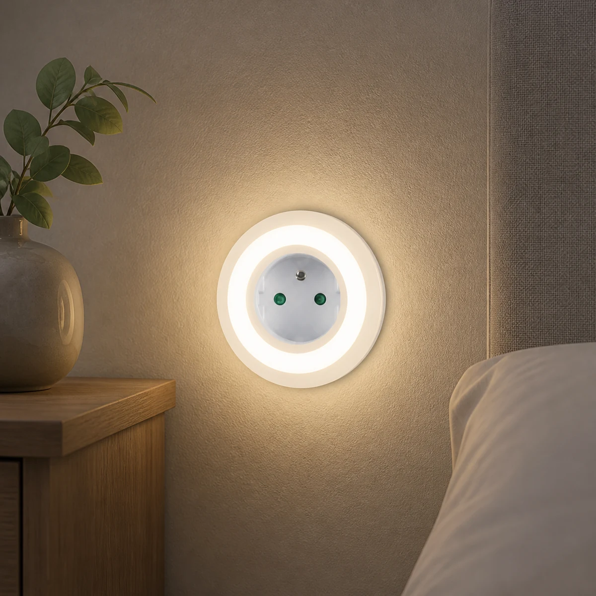 European front-socket night light installed beside a bed