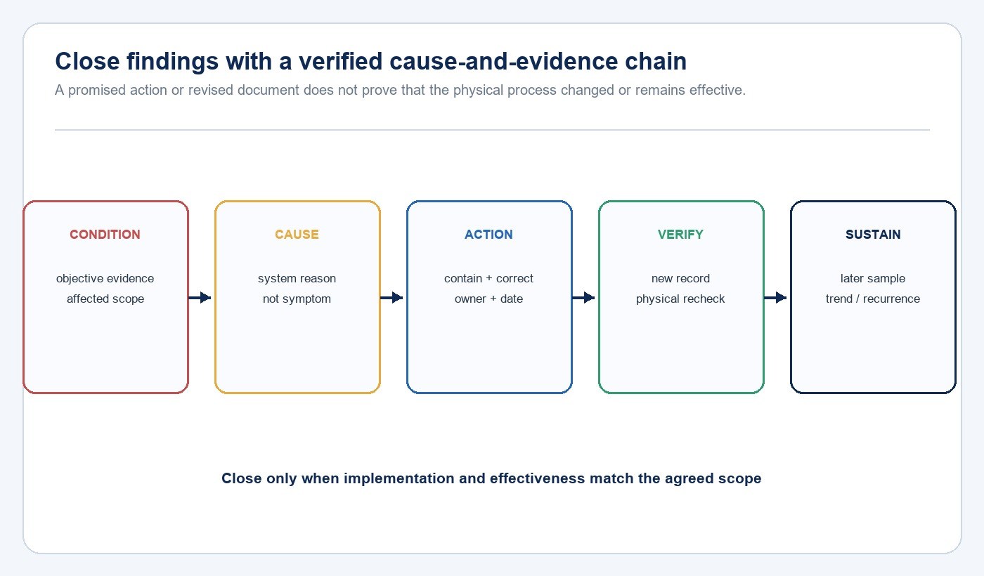 Factory audit corrective action and finding closure workflow