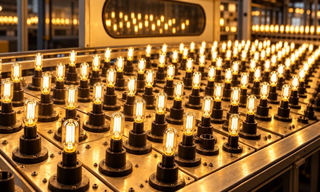Rows of illuminated filament bulbs during an aging test