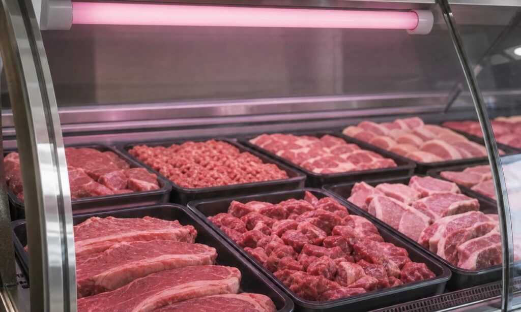 Fresh-food T8 lighting above a refrigerated meat display