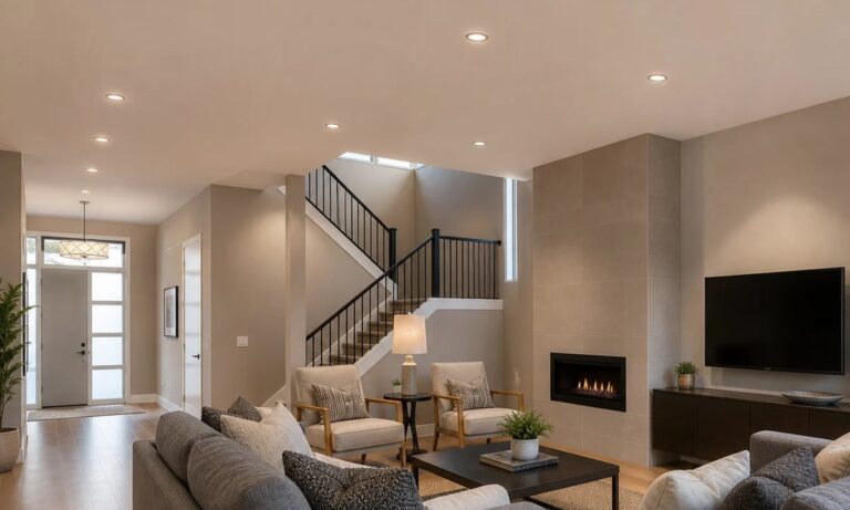 Recessed LED downlights installed in an indoor ceiling