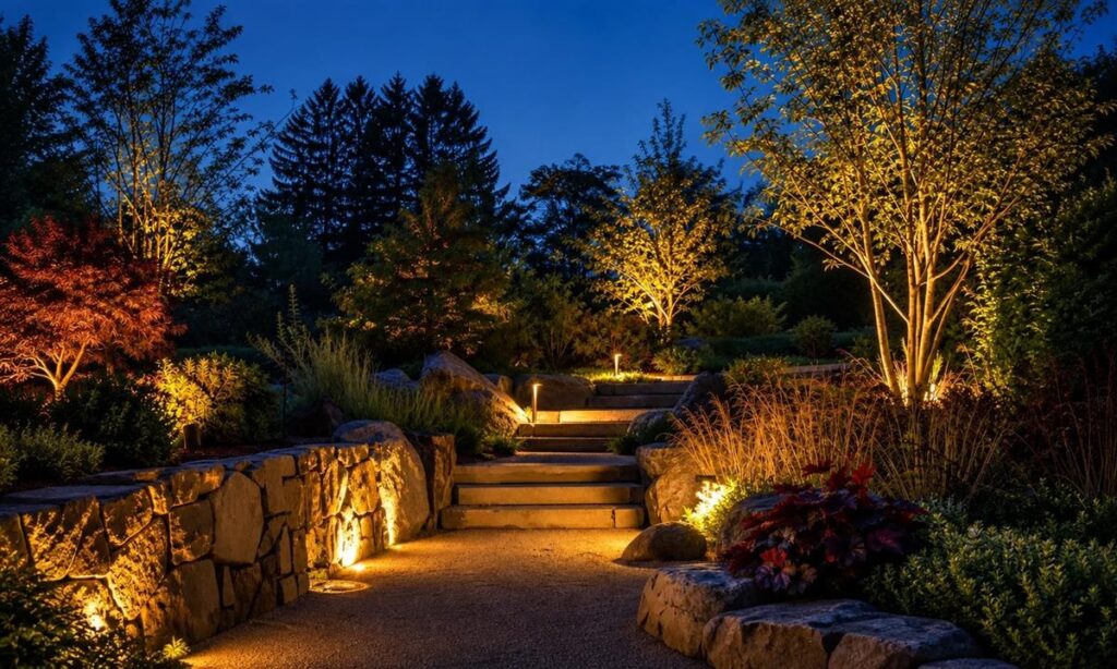 Garden and landscape lighting at night