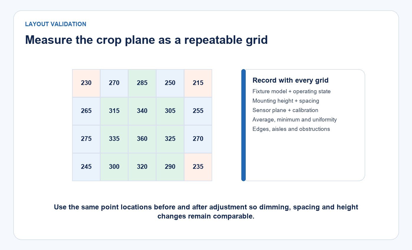 Example canopy PPFD measurement grid with edge, centre and uniformity records