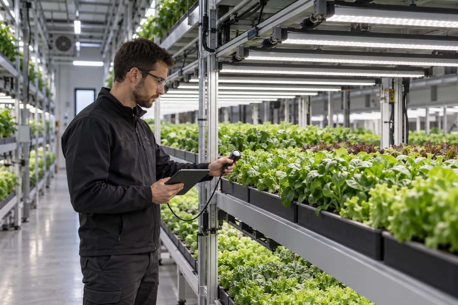 Engineer measuring light across a leafy crop canopy beneath LED grow fixtures