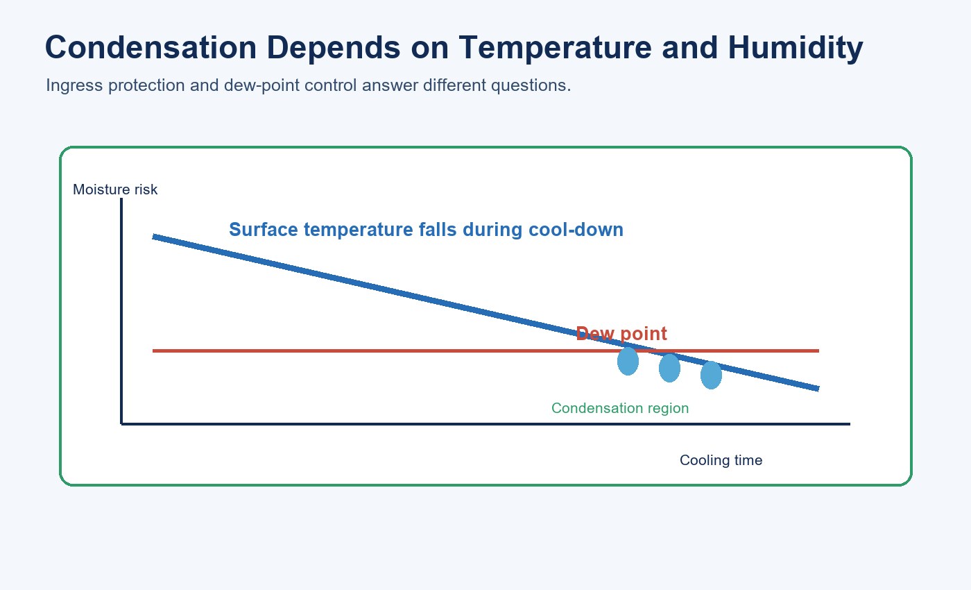 Diagram showing fixture surface temperature crossing the dew point during cool-down