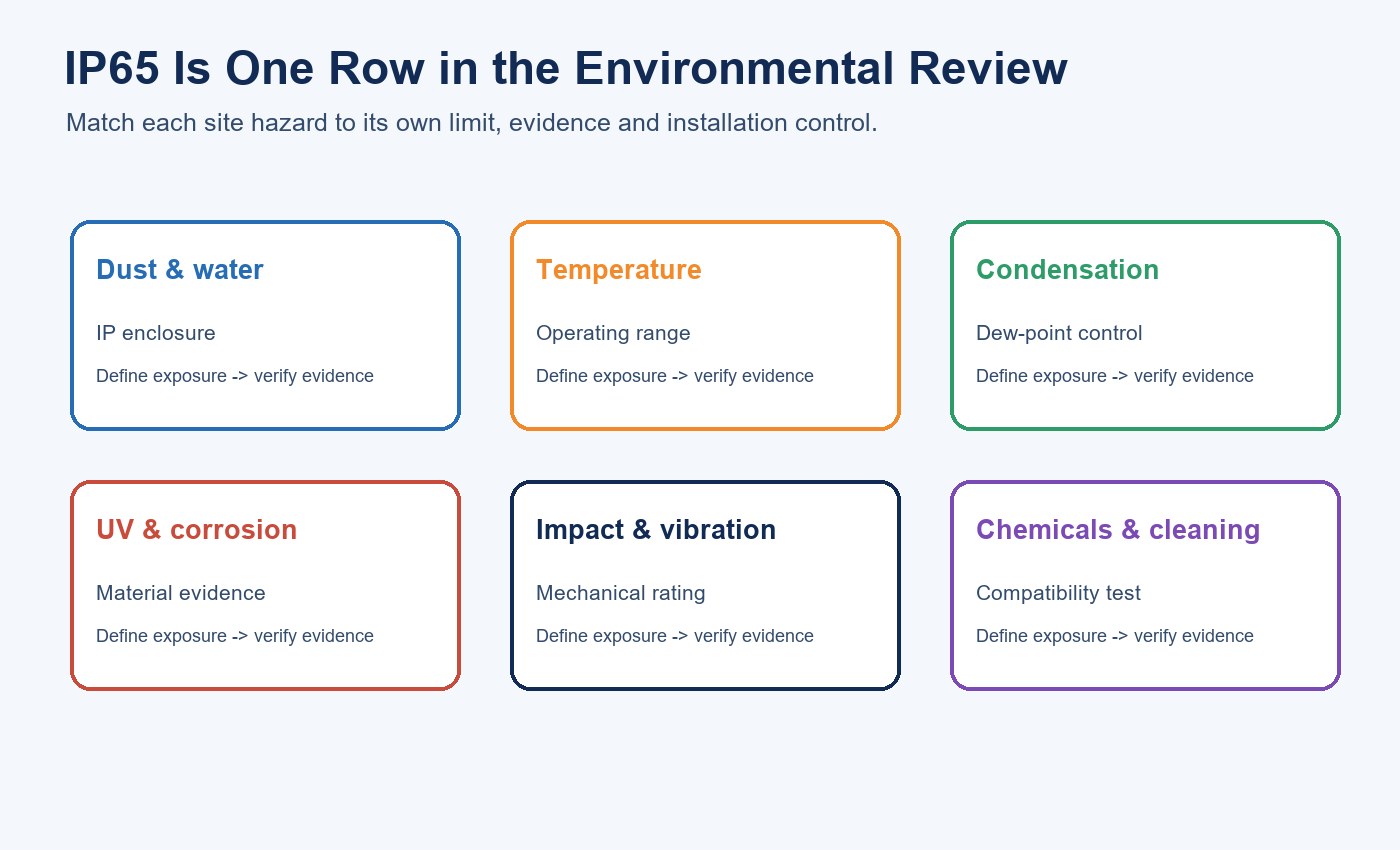 Environmental review matrix covering ingress, temperature, condensation, corrosion, impact and chemicals