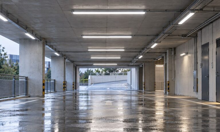 Sealed linear lights illuminating a damp covered parking service area
