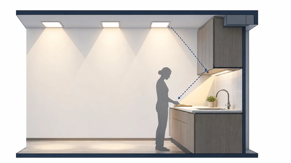 Kitchen cross-section showing ceiling panels for ambient light and an under-cabinet light directed onto the countertop.