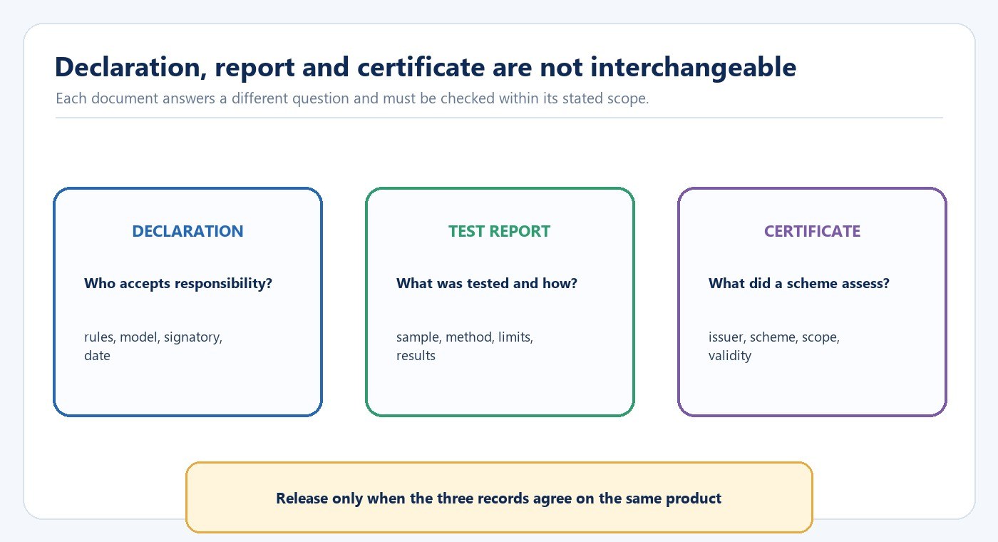 Comparison of declaration test report and certificate roles in an LED compliance file