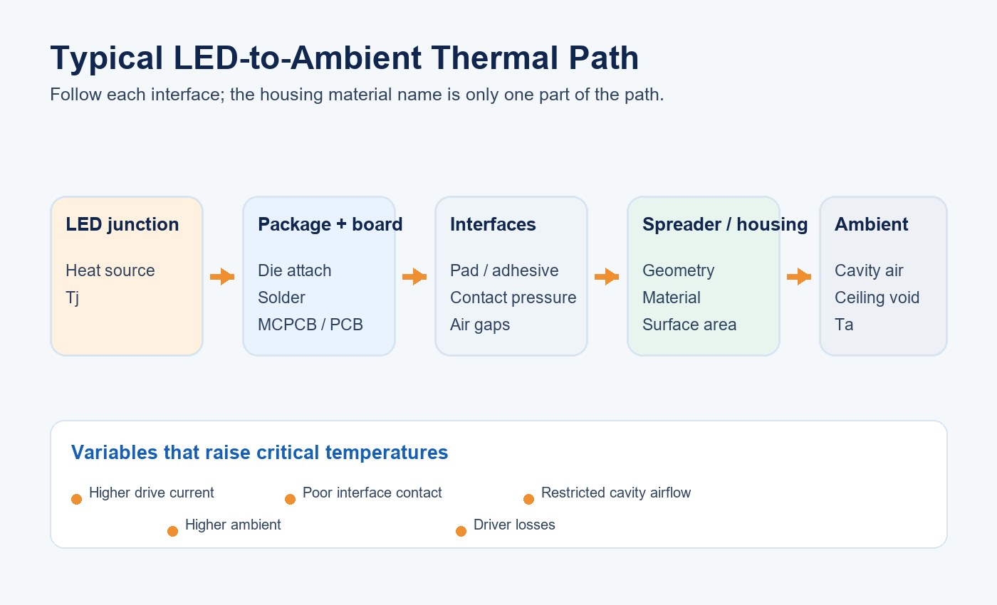 Diagram of a typical thermal path from LED junction through package, board, interfaces and housing to ambient air