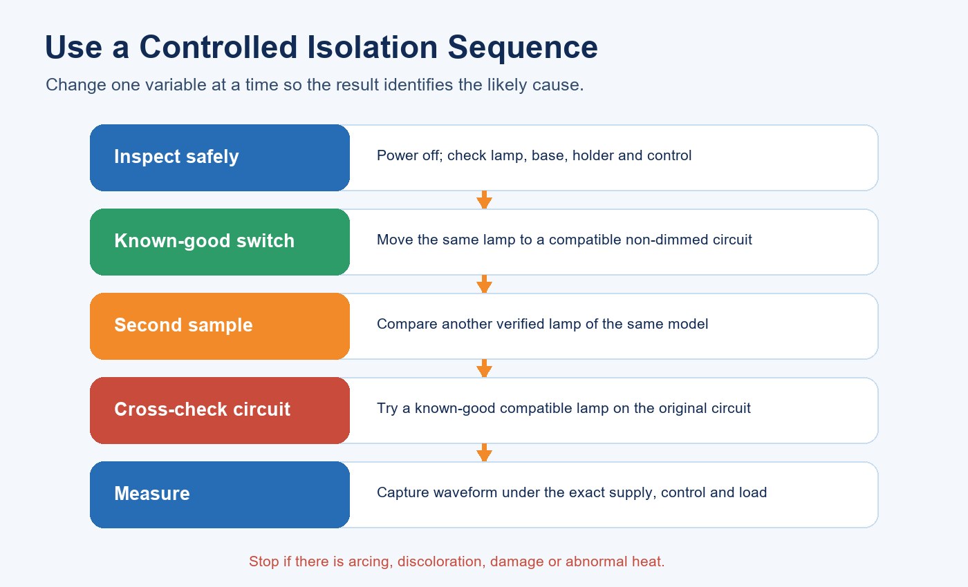 Step-by-step isolation sequence for diagnosing LED filament bulb flicker