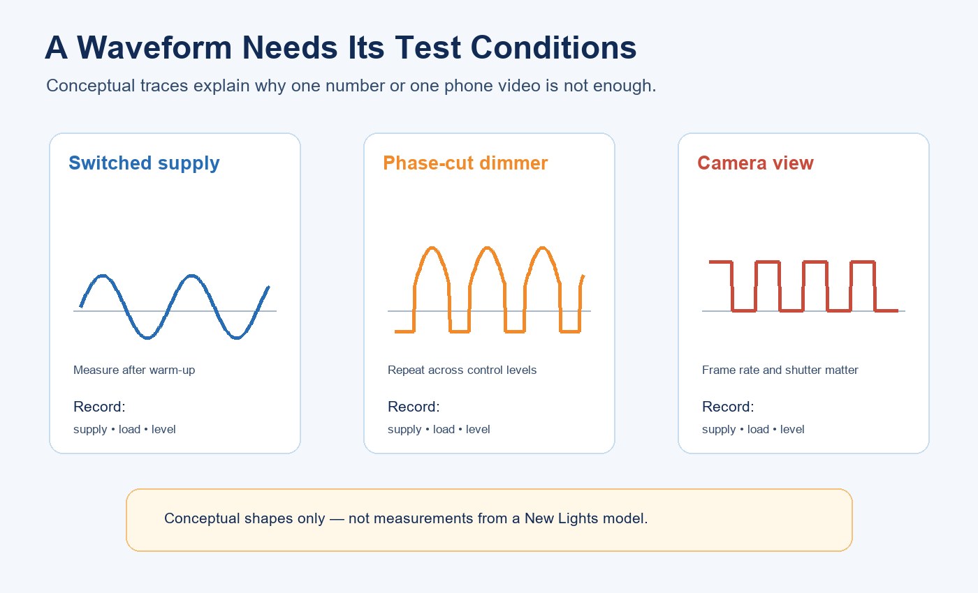 Conceptual steady, shallow-modulation and deep-modulation light output waveforms