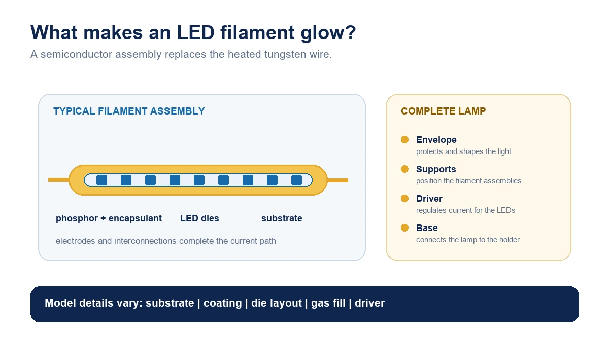 Simplified LED filament component stack showing LED dies, substrate, coating, electrodes and the complete lamp context.