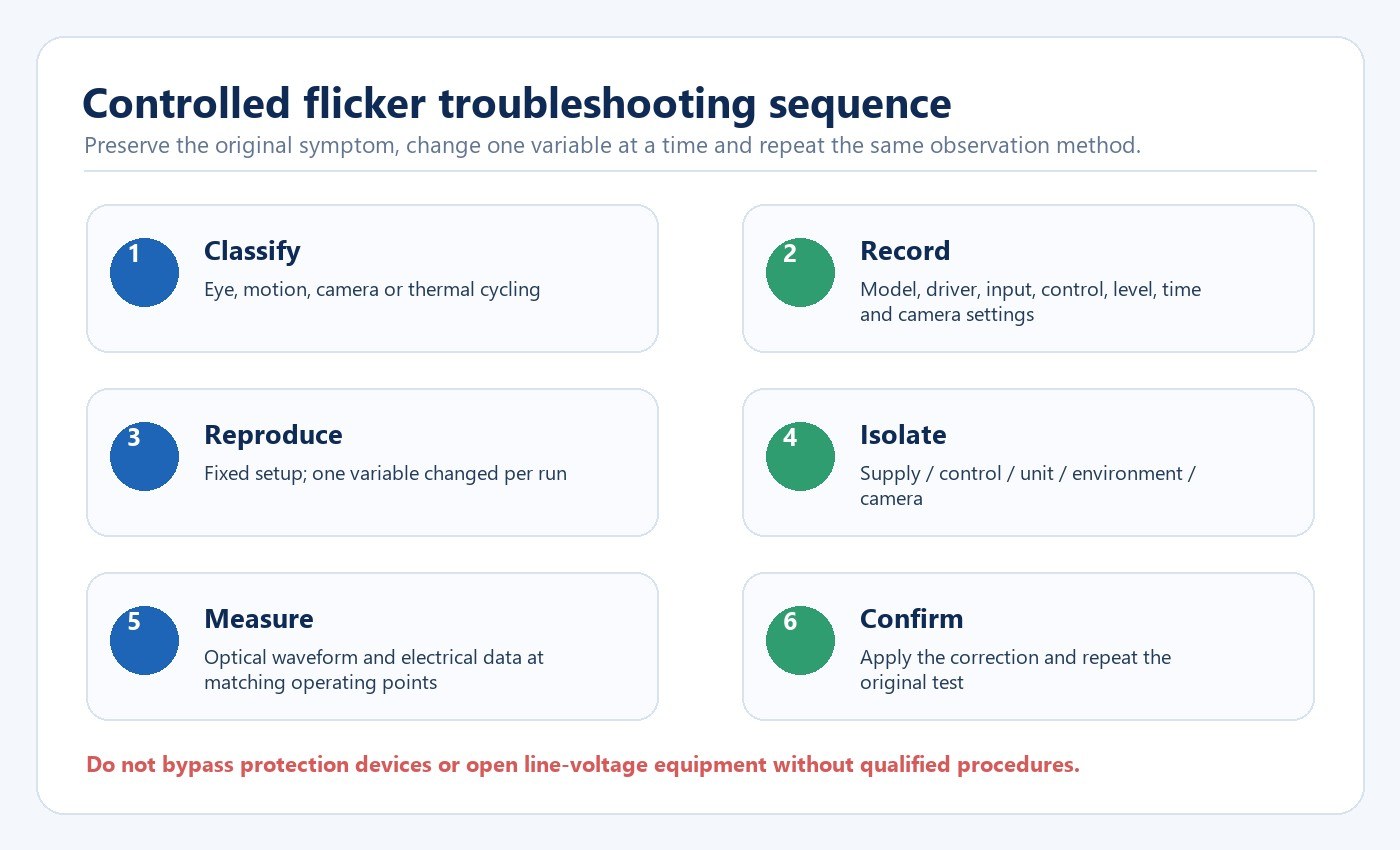 Six-step controlled workflow for diagnosing LED flicker and camera banding