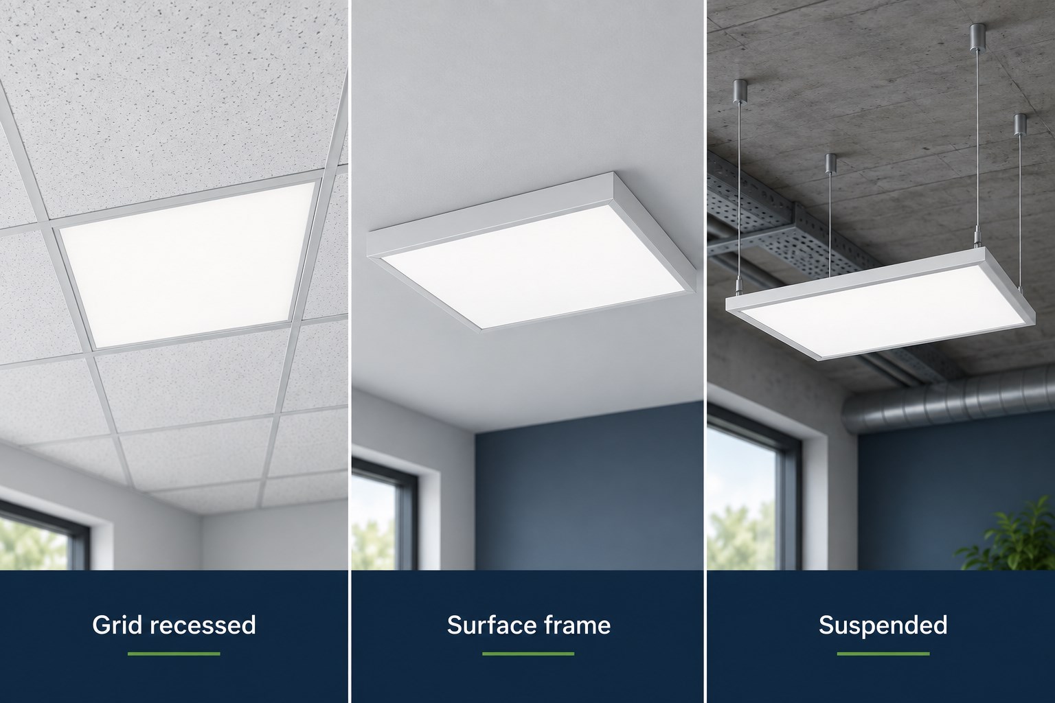 Three LED panel mounting concepts: grid recessed, surface frame and suspended