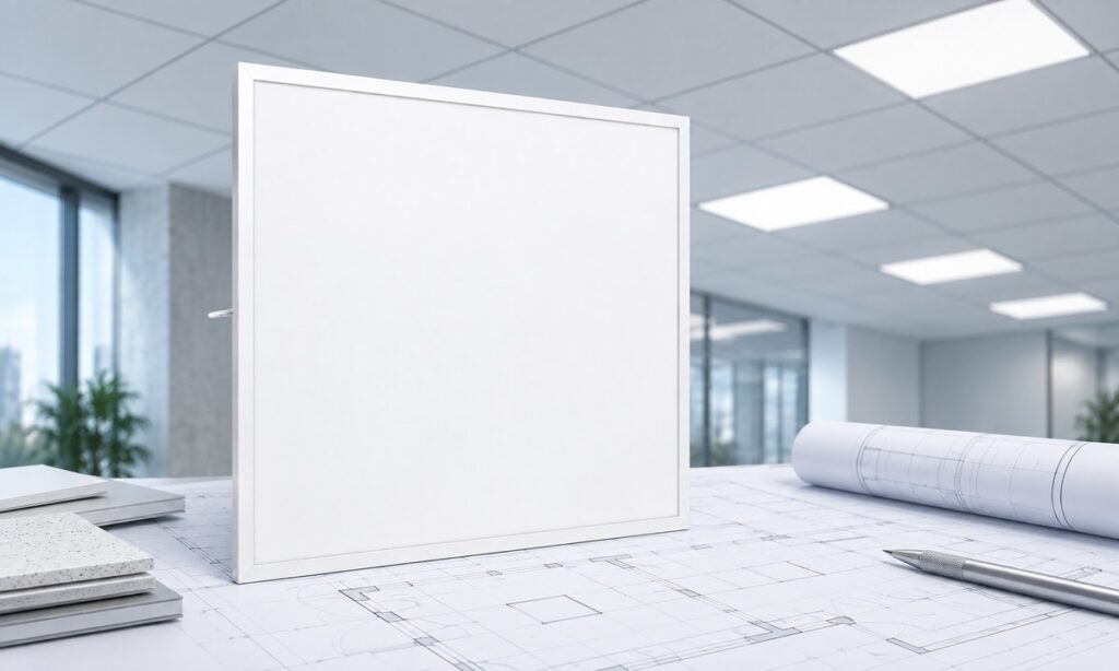 LED panel displayed with ceiling plans in a modern office