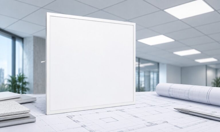 LED panel displayed with ceiling plans in a modern office