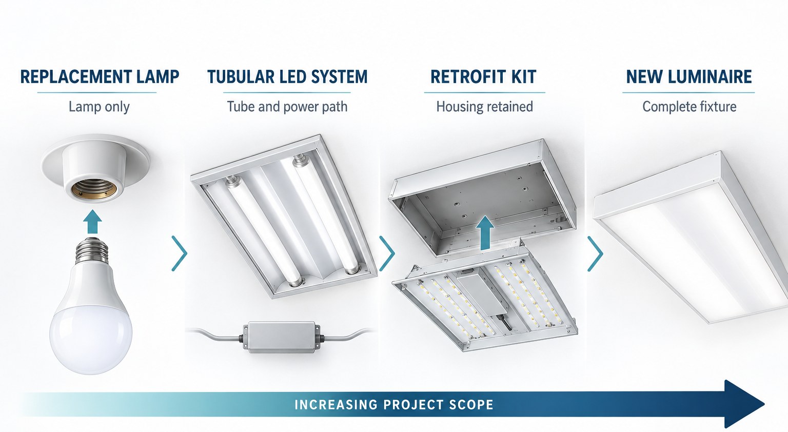 Four LED retrofit depths from replacement lamp to complete new luminaire