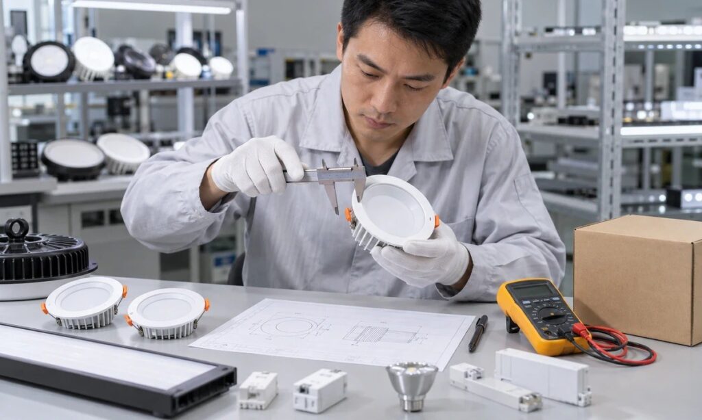 Engineer evaluating an LED lighting sample
