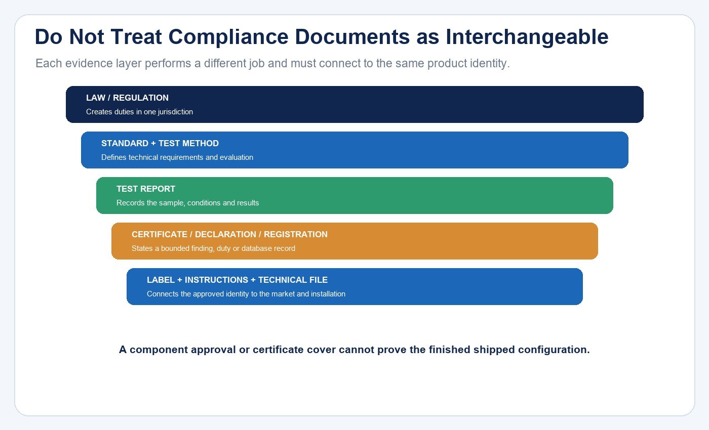 Compliance evidence stack separating law, standards, test reports, certificates, registrations, labels and technical files