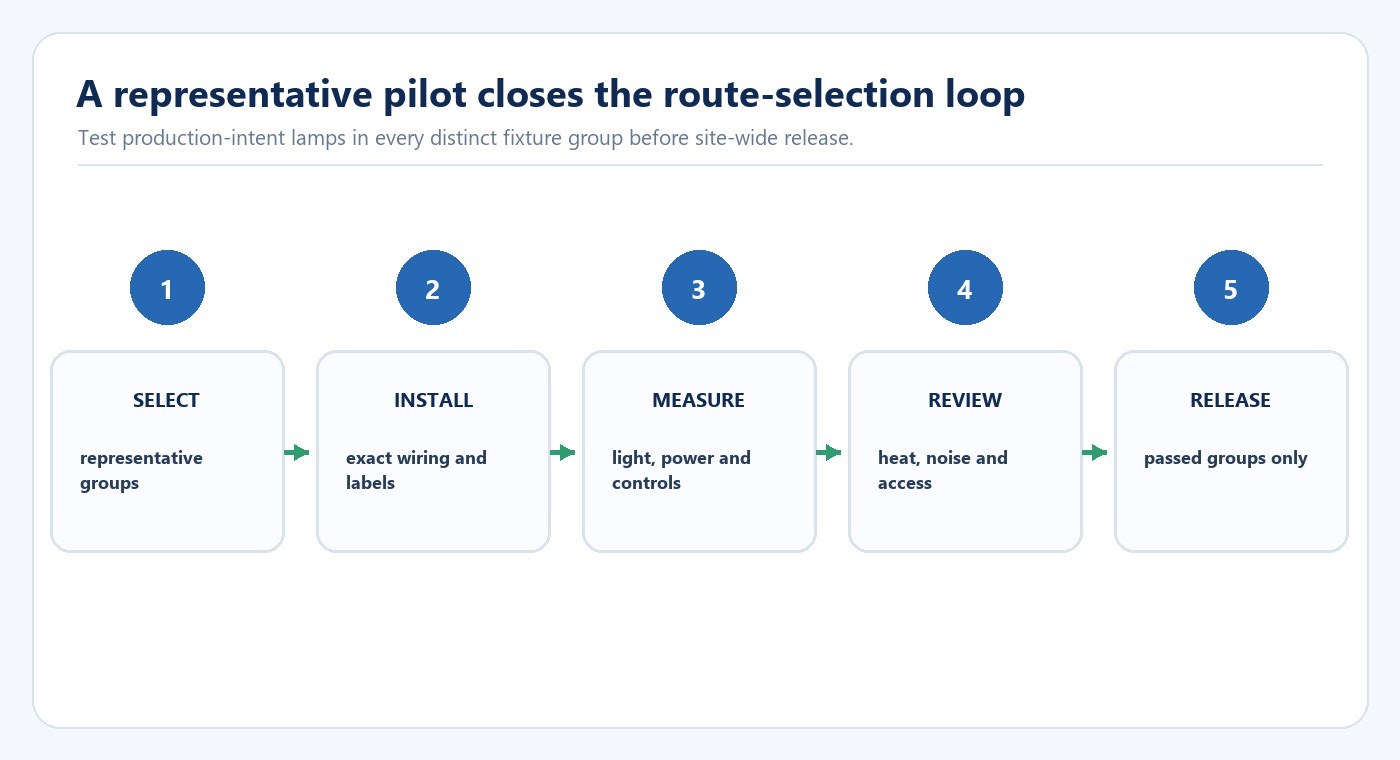 Five step LED tube retrofit pilot workflow from fixture selection to controlled release