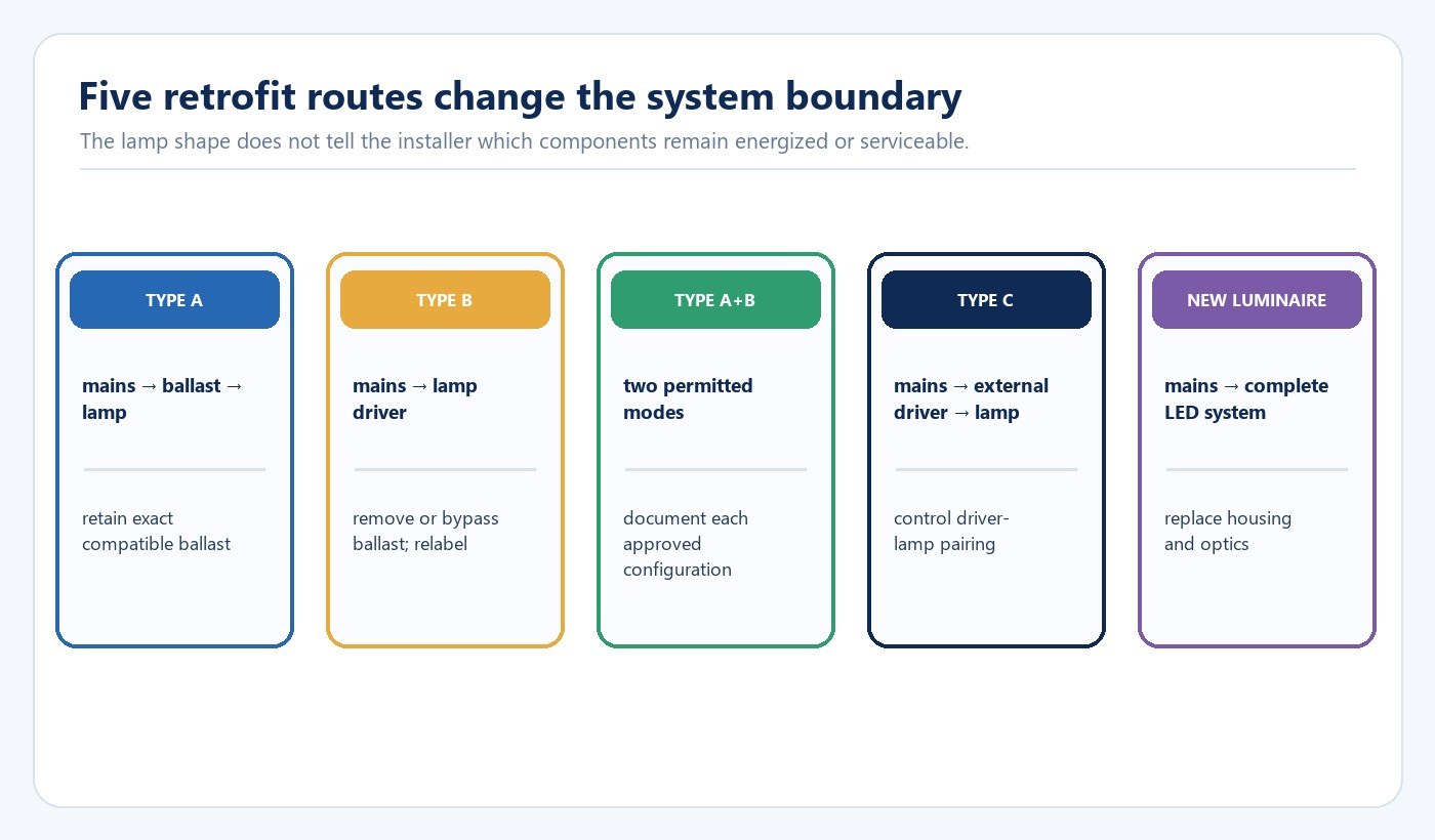 Comparison of Type A Type B Type A plus B Type C and new luminaire LED retrofit routes