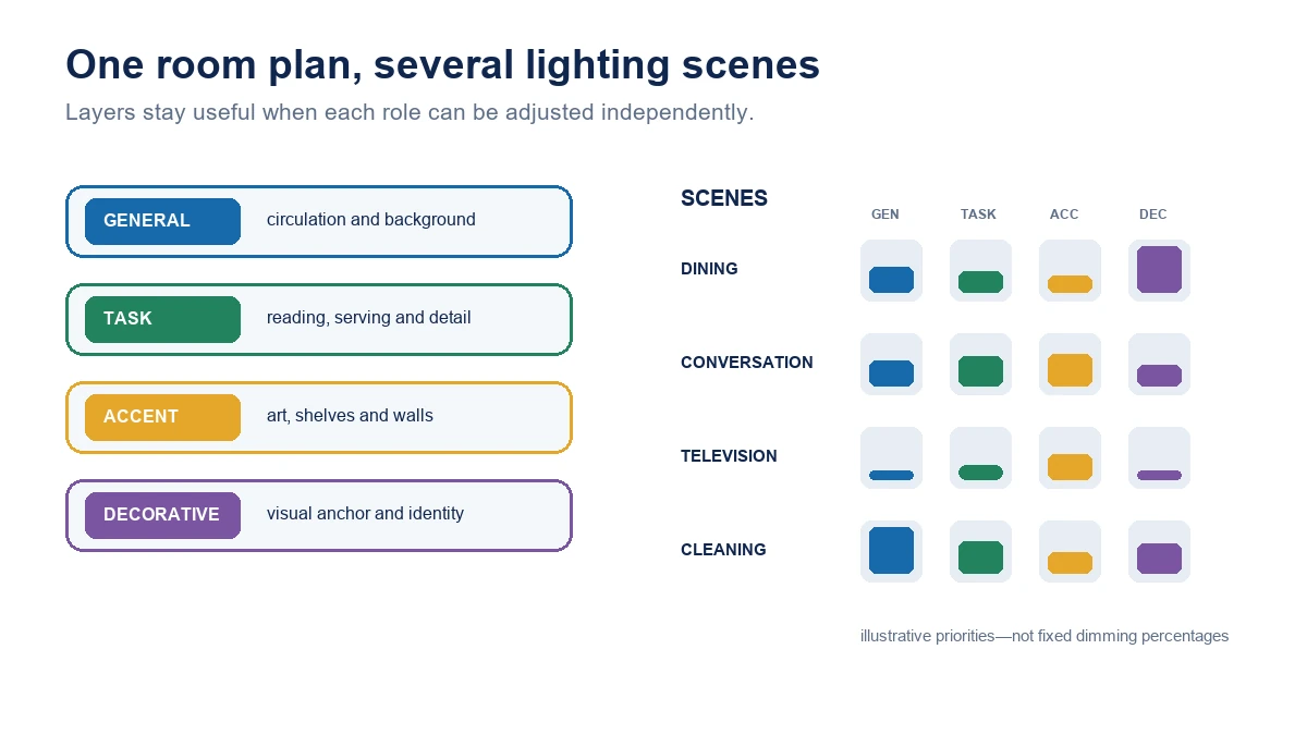 General, task, accent and decorative lighting layers combined into dining, conversation, television and cleaning scenes.