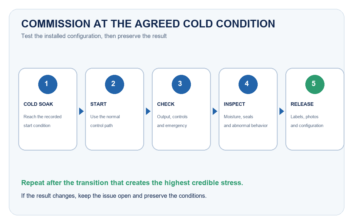 Low-temperature T8 commissioning flow from cold soak through start, controls, moisture inspection and release