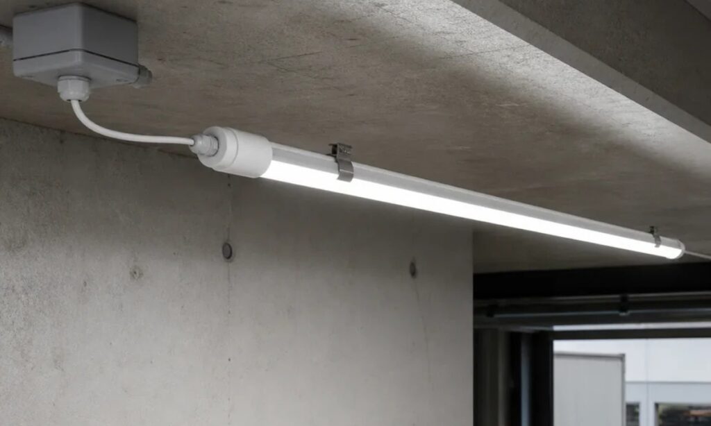 Sealed T8 LED tube installed in a covered industrial area