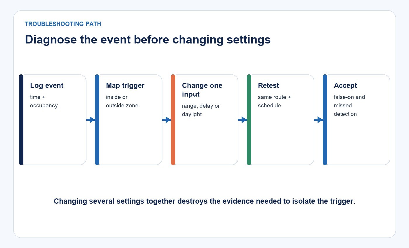 Diagnostic sequence for logging, isolating and retesting microwave sensor false-trigger events