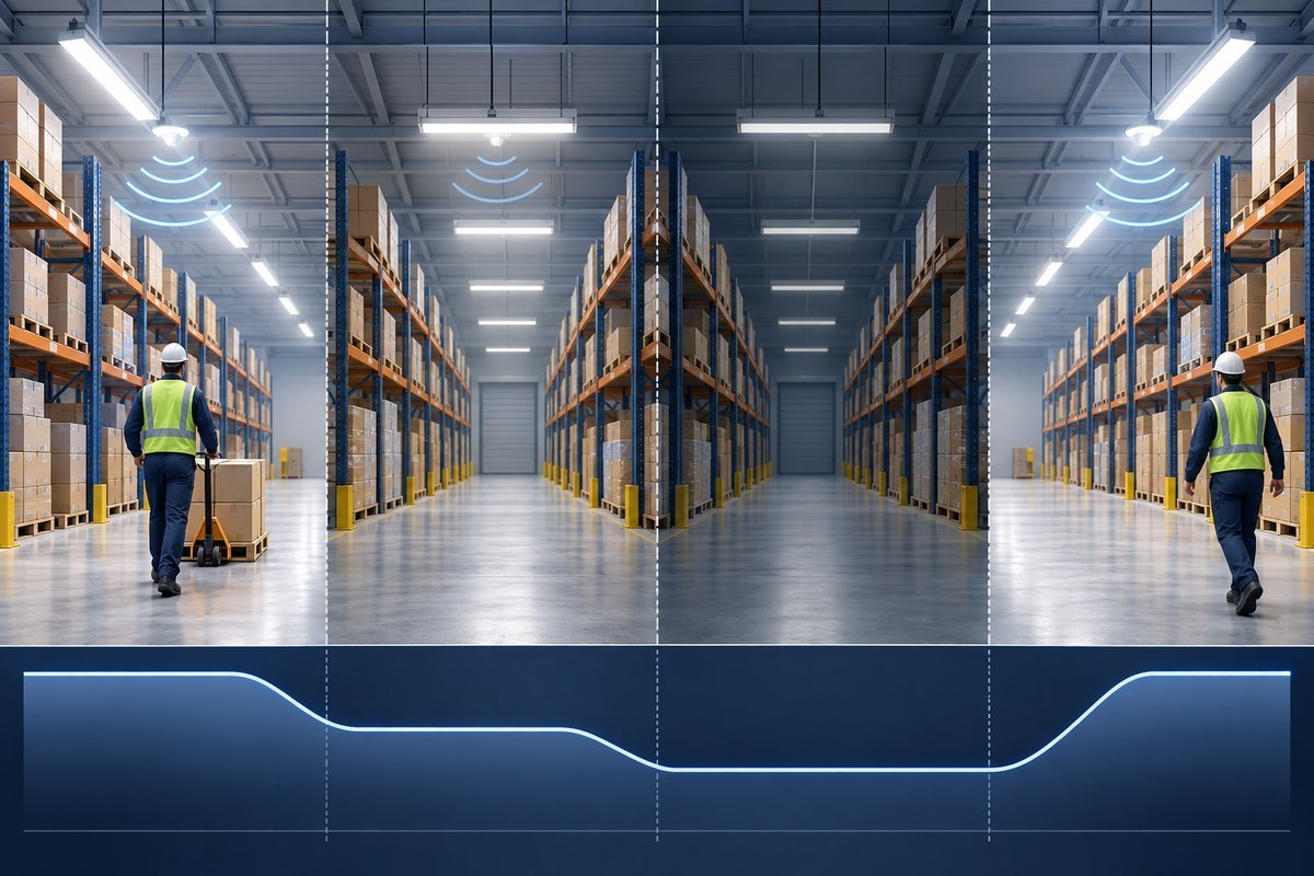 Warehouse aisle sequence showing occupied, delay, low-output and reactivation lighting states