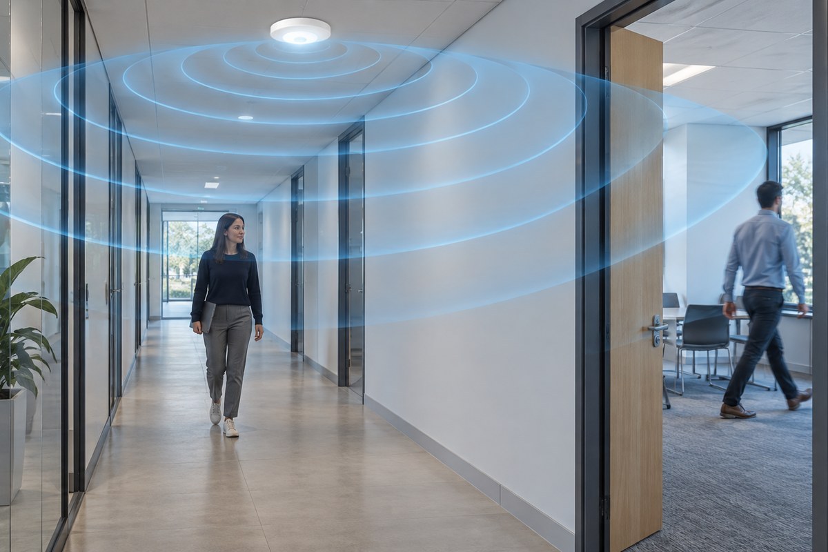 Conceptual microwave sensor zone extending from a corridor into an adjacent room