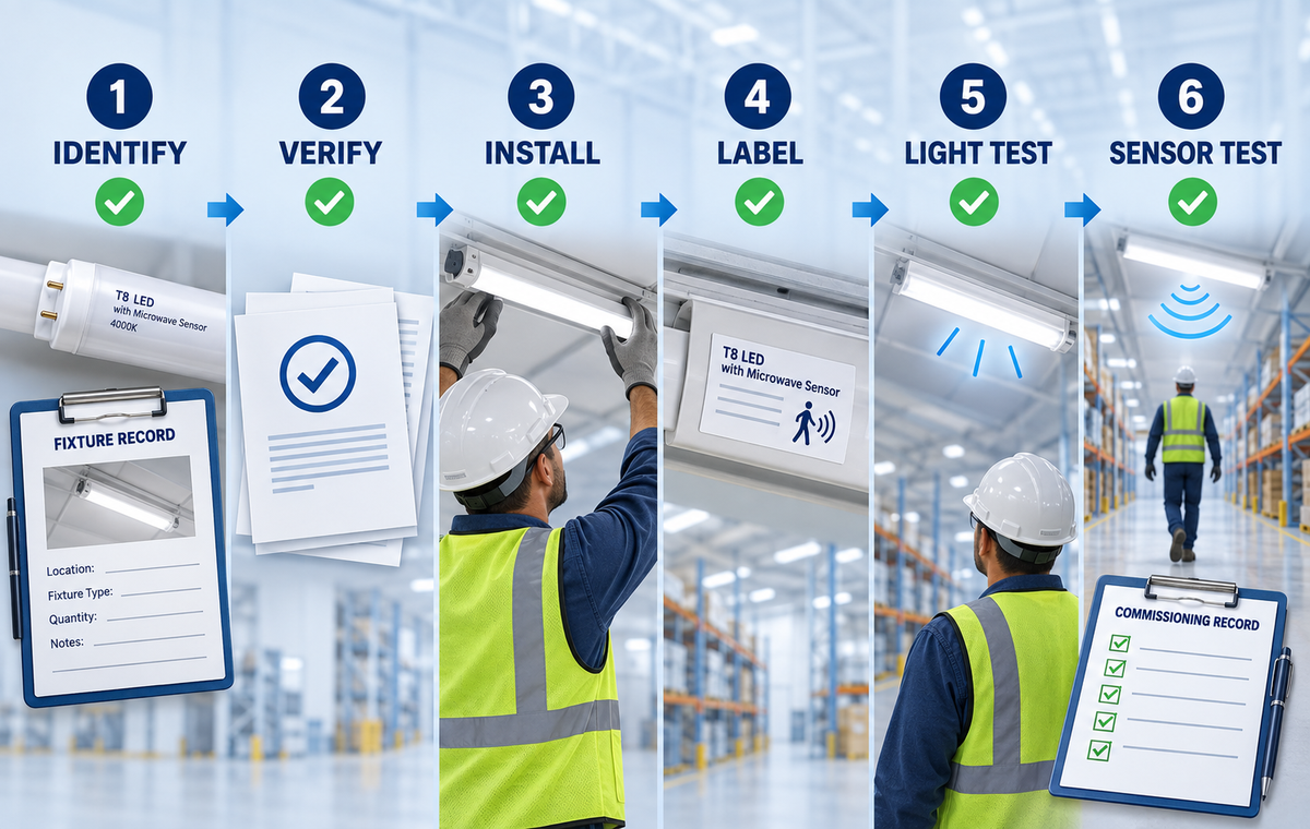 Six-stage microwave-sensor T8 retrofit workflow from identification through sensor testing