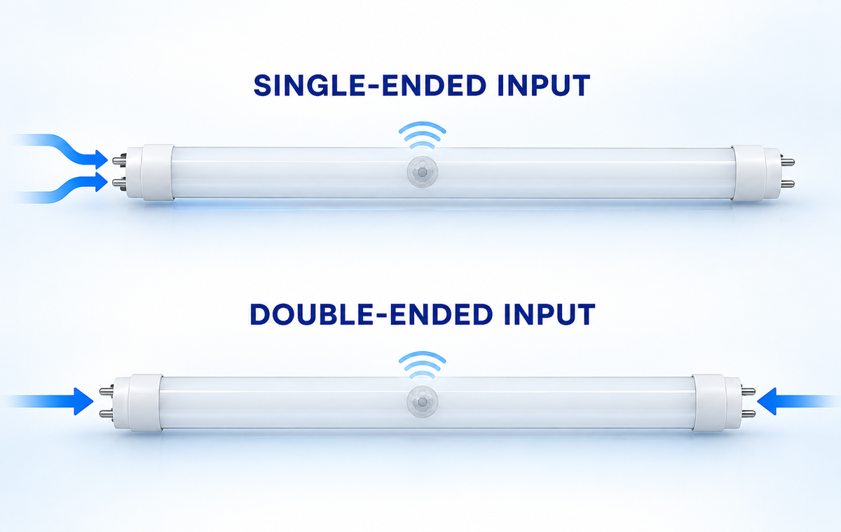 Conceptual comparison of single-ended and double-ended input locations on microwave-sensor T8 tubes