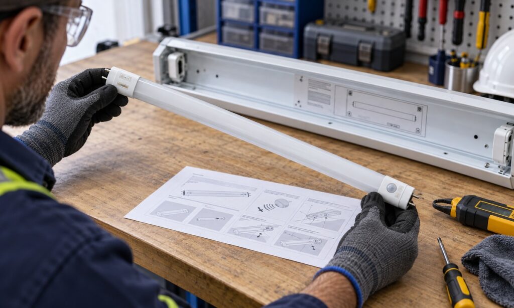 Technician comparing a microwave-sensor T8 tube with a fixture and installation document