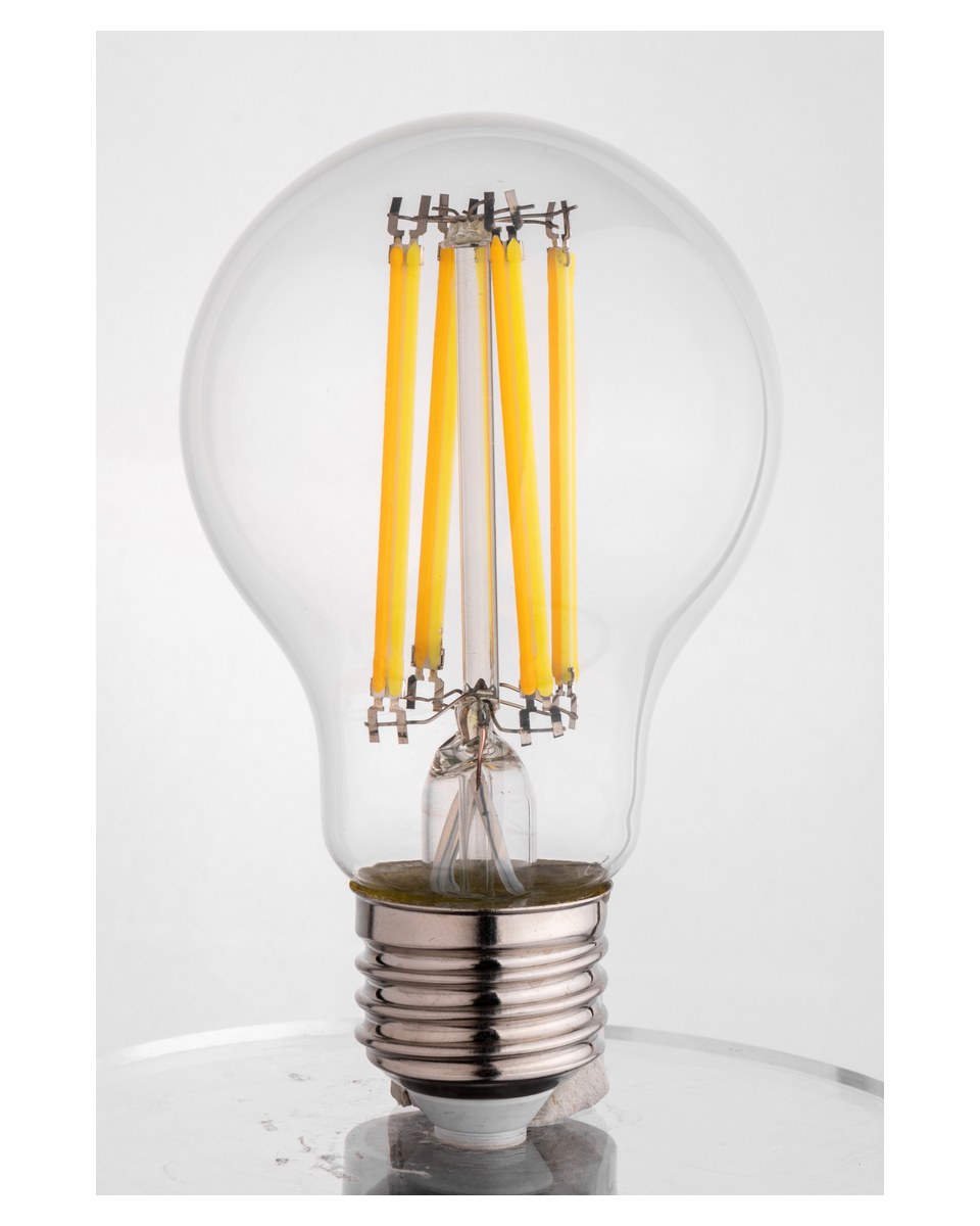 New Lights clear A60 LED filament lamp sample on a white background