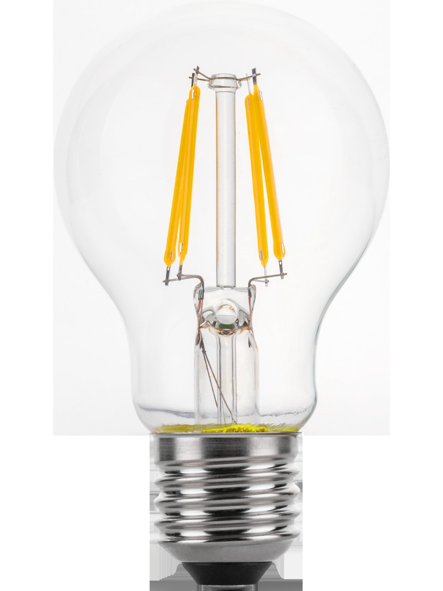 Close view of a clear New Lights A60 LED filament bulb
