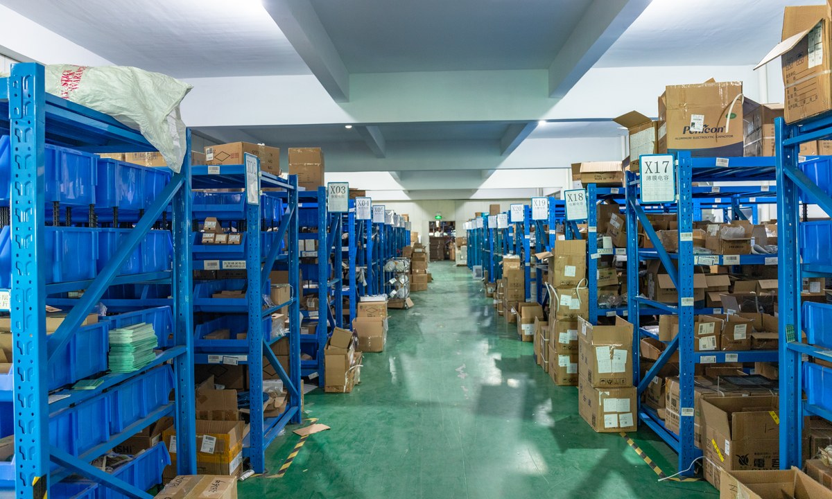 New Lights electronic component storage area with labeled warehouse zones