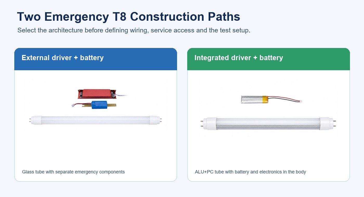 New Lights external and integrated emergency T8 LED tube construction options
