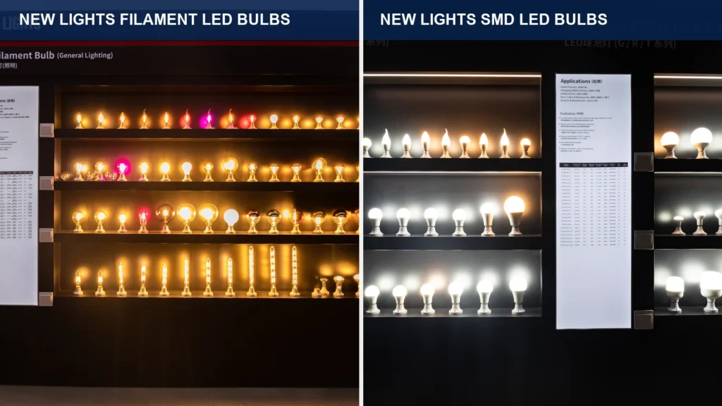 New Lights showroom displays comparing filament LED bulbs and SMD LED bulbs