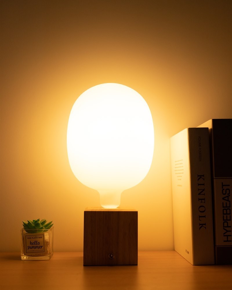 Illuminated frosted decorative bulb on a wooden base