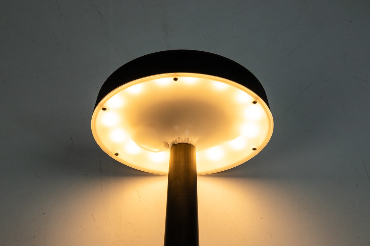 Illuminated underside and downward optical face of a New Lights solar garden bollard