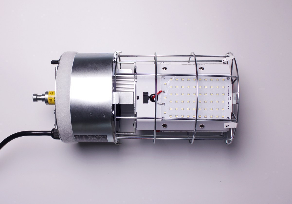 LED light source and protective cage inside a New Lights balloon work light assembly