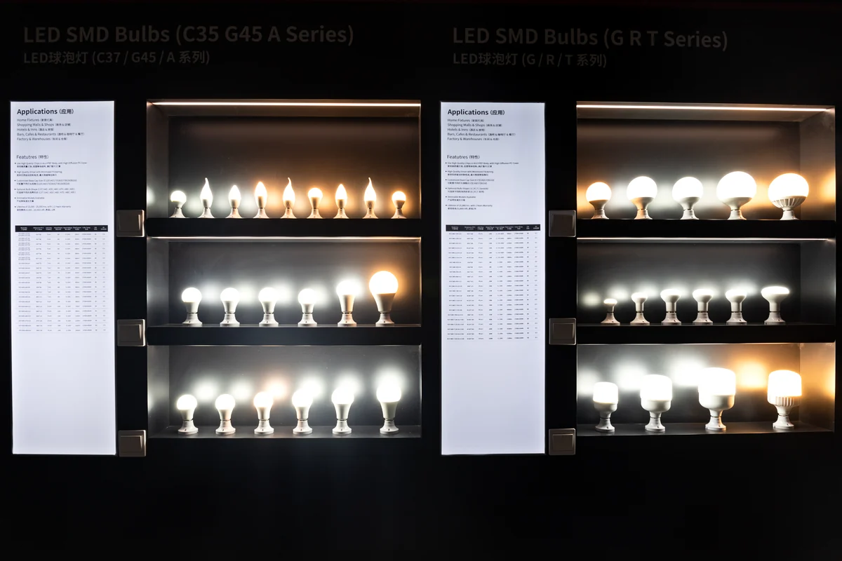 Multiple LED bulb shapes displayed in the New Lights showroom.