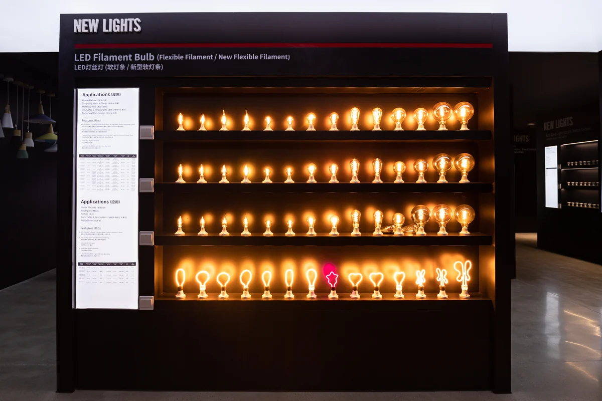 A range of flexible and decorative filament bulb forms illuminated in the New Lights showroom.