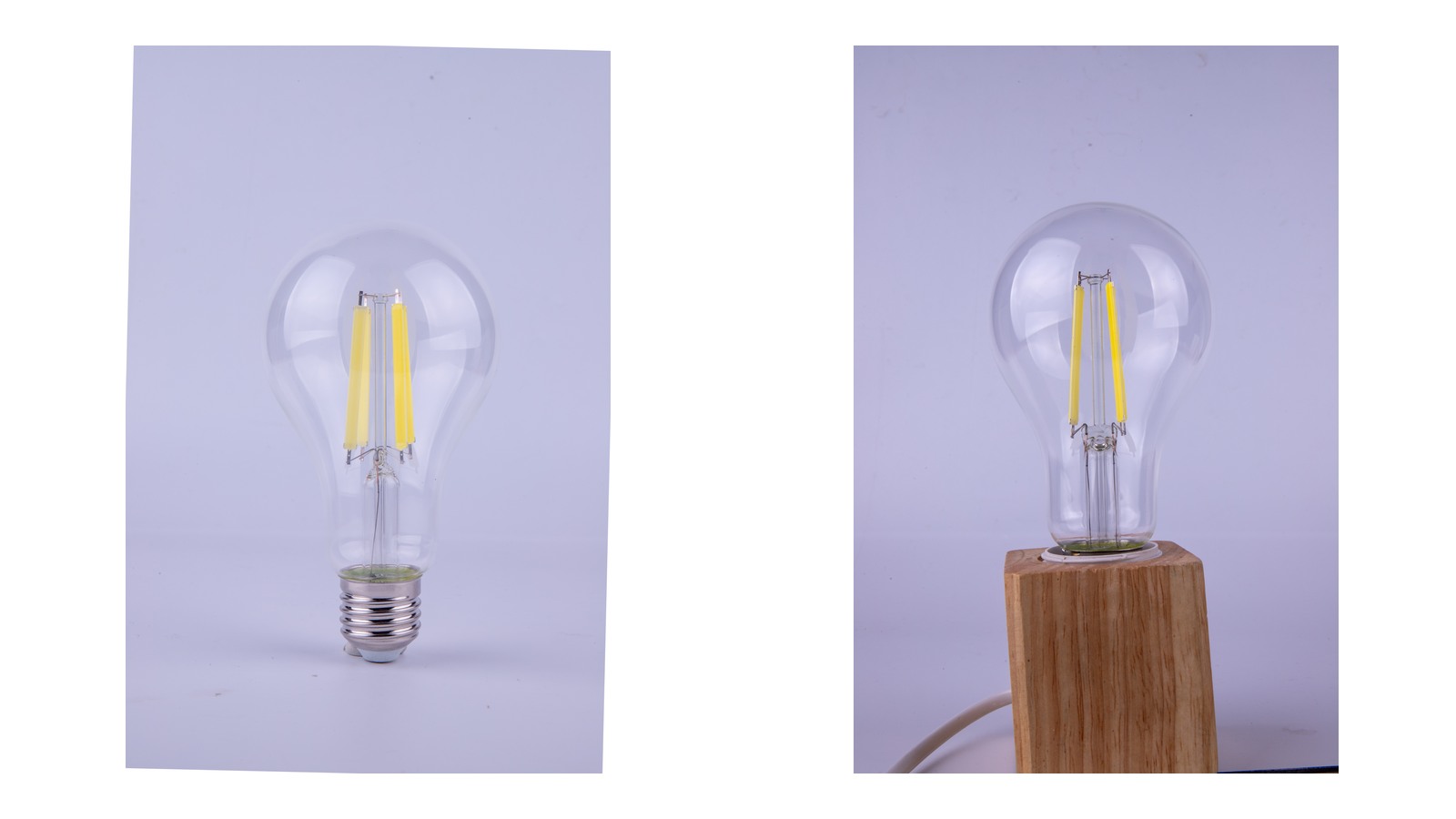 Two New Lights clear LED filament bulb views showing the glass envelope and visible filament structure