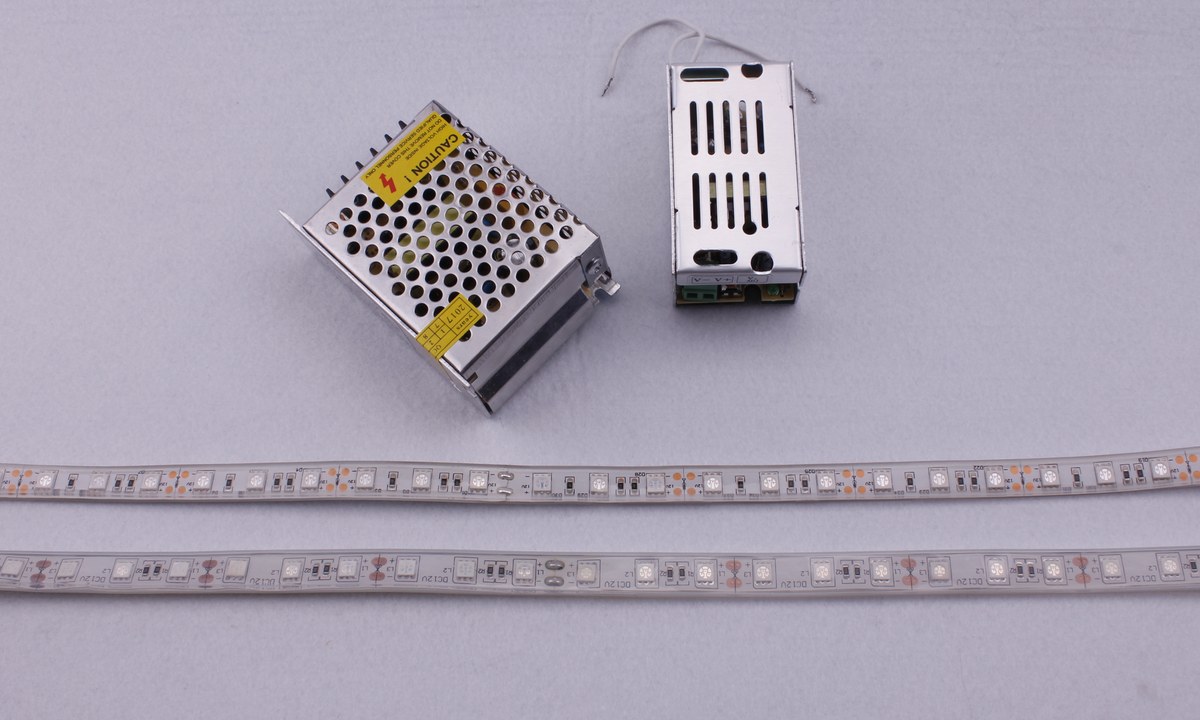 New Lights strip-light samples and power supplies arranged for system review