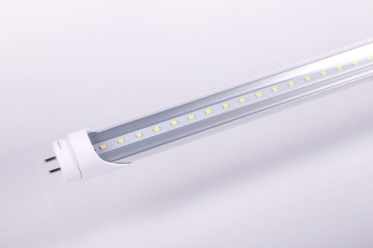 New Lights T8 aluminium and polycarbonate LED tube with the diffuser open to show the LED board and metal section